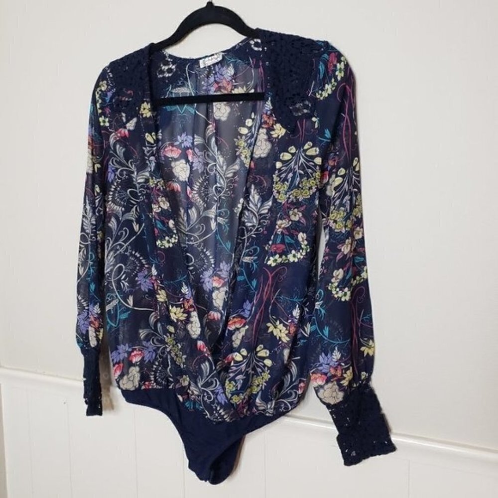 FREE PEOPLE Sheer Navy Floral Leotard